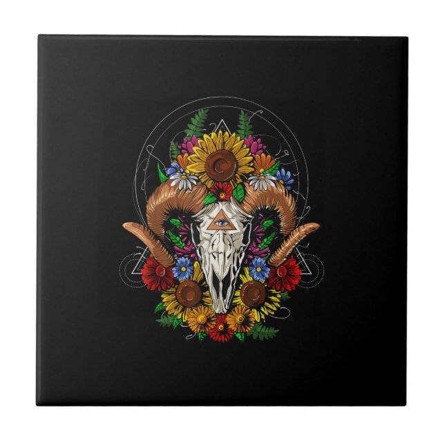 Goat Skull Psychedelic Sunflowers Ceramic Tile (Front)