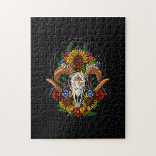 Goat Skull Psychedelic Sunflowers Jigsaw Puzzle