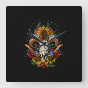 Goat Skull Psychedelic Sunflowers Square Wall Clock