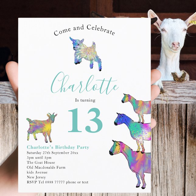 Goat Themed 13th Birthday Party Invitation Postcard (Cute farm goat themed 13th birthday party invitation with colorful watercolor animal art)