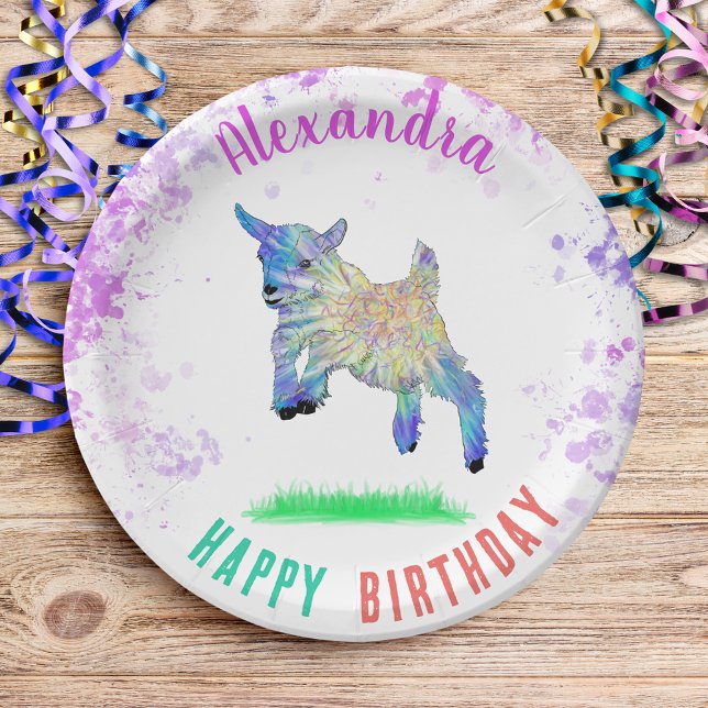 Goat Themed Birthday Party Colourful Paper Plate (Cute goat themed birthday party personalized paper plates colorful farm animal watercolor art)