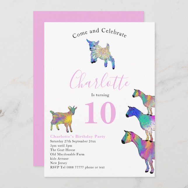 Goat Themed Birthday Party Pink Invitation (Front/Back)