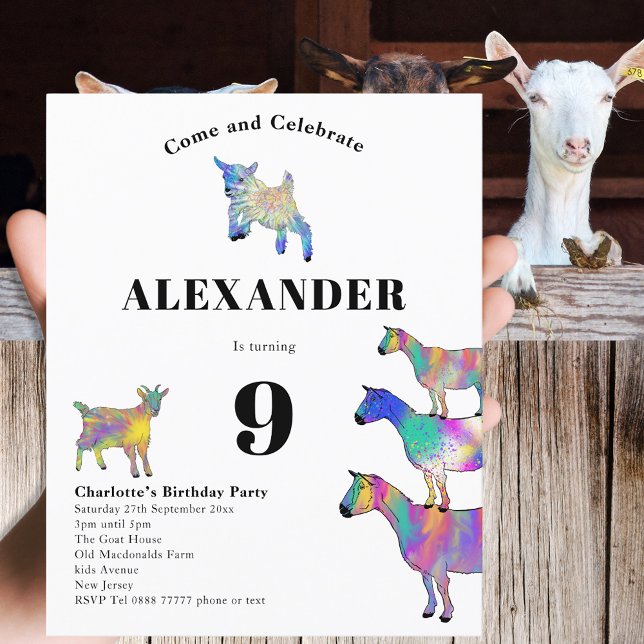 Goat Themed Fun Birthday Party (Cute goats colorful farm animal art 9th birthday party budget invitation )
