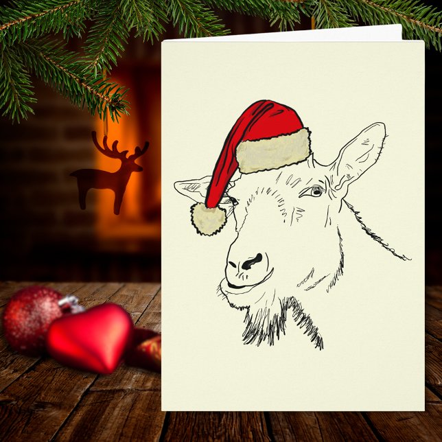 Goat wearing a Santa Hat illustration  (Christmas goat wearing a santa hat simple farm animal drawing holiday greetings card)