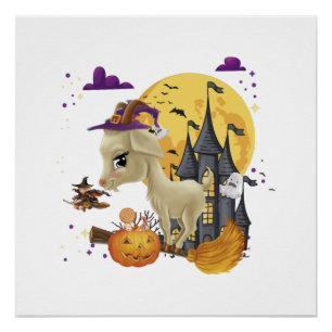 Goat Witch Broom Pumpkin Halloween Costume Poster
