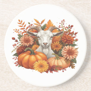 Goat with Autumn Blooms & Pumpkins Coaster