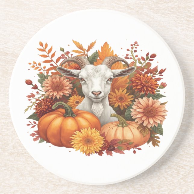 Goat with Autumn Blooms & Pumpkins Coaster (Front)