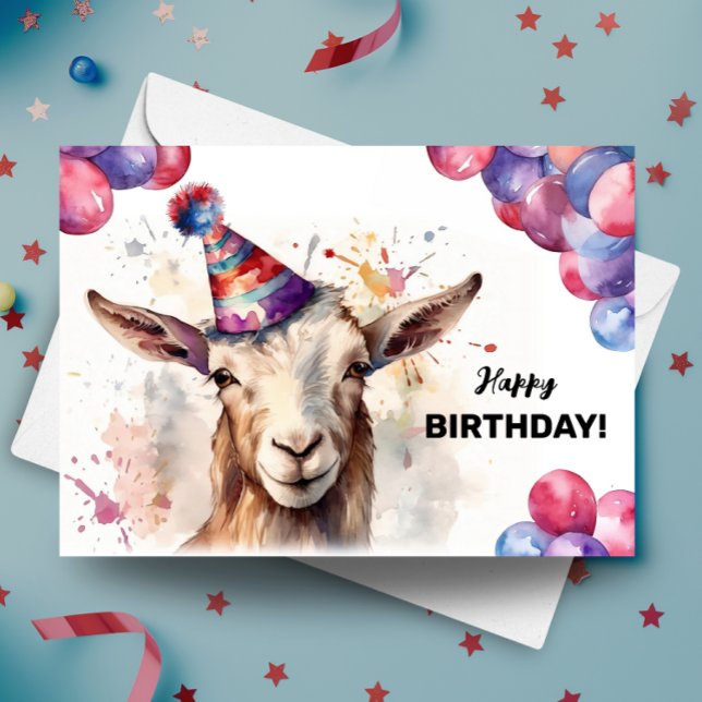 Goat with Balloons and Party Hat Happy Birthday Card (Creator Uploaded)
