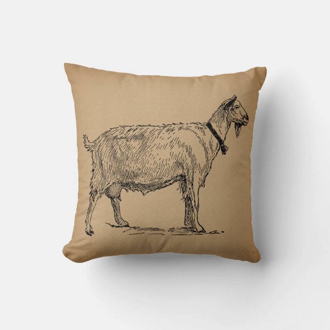 Goat with Bell Illustration Antique Aged Brown Cushion (Front)