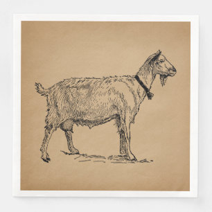 Goat with Bell Illustration Antique Aged Brown Napkin