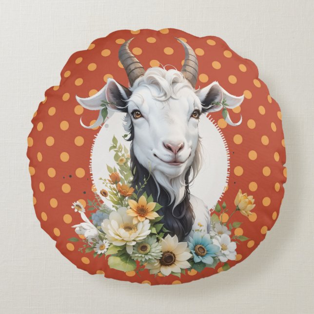 Goat with flowers on polka dots background  round cushion (Front)