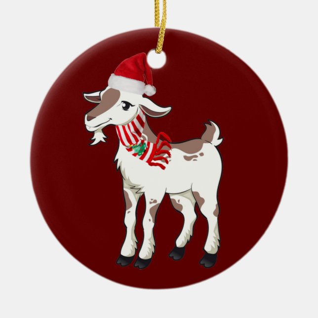 Goat With Hat Scaft Christmas Ceramic Ornament (Front)