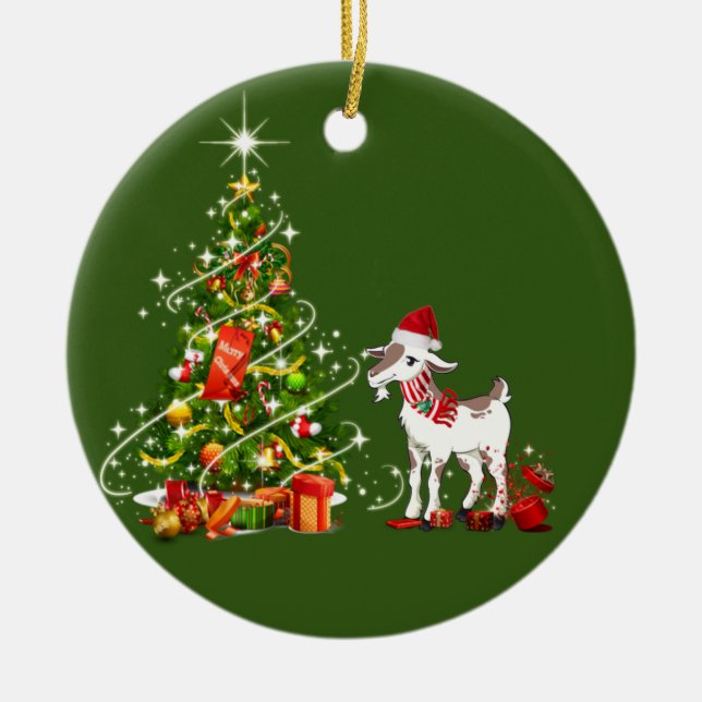Goat With Hat Scafts  Christmas Ceramic Ornament (Front)