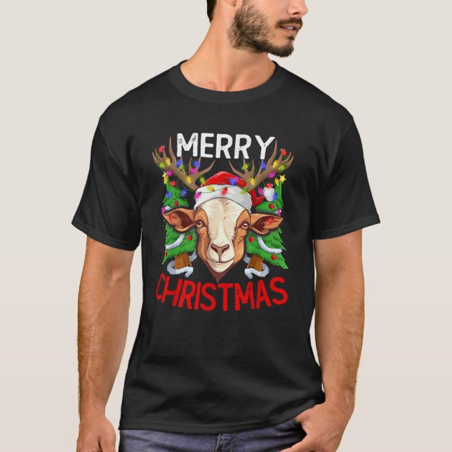 Goat Xmas Tree Lighting Santa Goat Merry Christmas T-Shirt (Front)