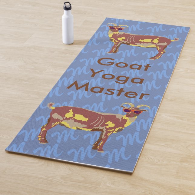 Goat Yoga Brown On Blue With Background Monogram Yoga Mat (In Situ)