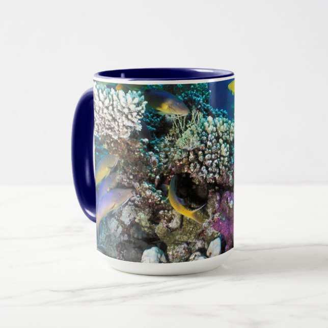 Goatfish Swarm Around Small Coral Mug (Front Left)