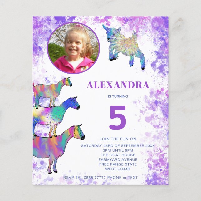 Goats 5th Birthday Photo Purple Budget invitation  Flyer (Front)