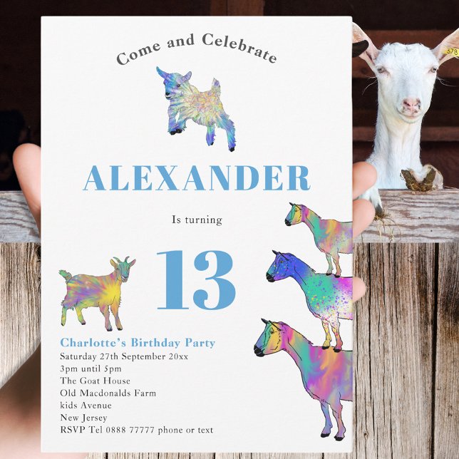 Goats Animal Themed 13th Birthday Party Invitation (Farm animal goat themed 13th birthday party invitation colorful animal art watercolor )