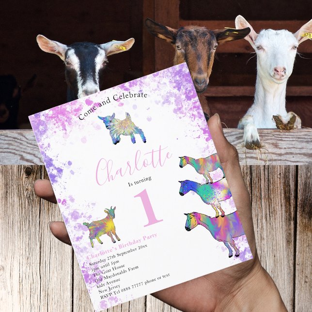 Goats Farm Animal 1st Birthday Party Budget (Cute goats colorful farm animal watercolor art 1st birthday party pink budget invitation )