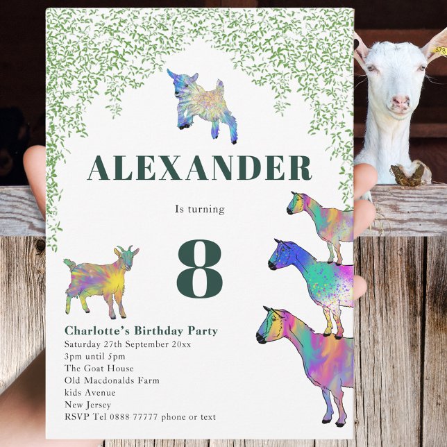 Goats Farm Animal 8th Birthday Party Invitation (Goats cute farm animal 8th birthday party invitation fun Colorful watercolor goat art)