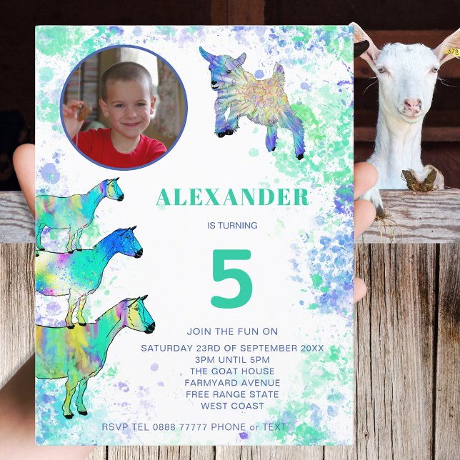 Goats Farm Animal Art 5th Birthday Photo Budget Invitation Postcard (Cute goats farm animal 5th birthday party budget invitation photo template colorful watercolor art)