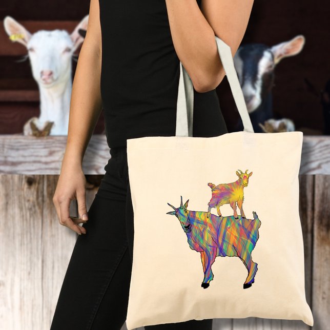 Goats Funny colourful Farm Animals Tote Bag (Funny goats standing on things colorful farm animal art tote bag)