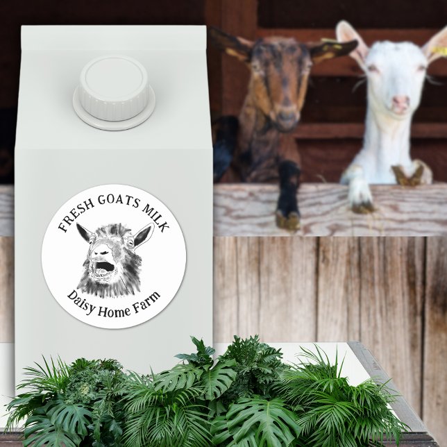 Goats Milk Funny Screaming Goat Classic Round Sticker (Fresh goats milk custom business name black and white produce label with funny screaming goat art)