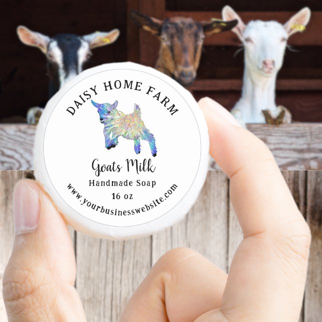Goats Milk Soap Business Name and Website Classic Round Sticker (Goats milk handmade soap custom business name and website product labels cute colorful baby goat art)