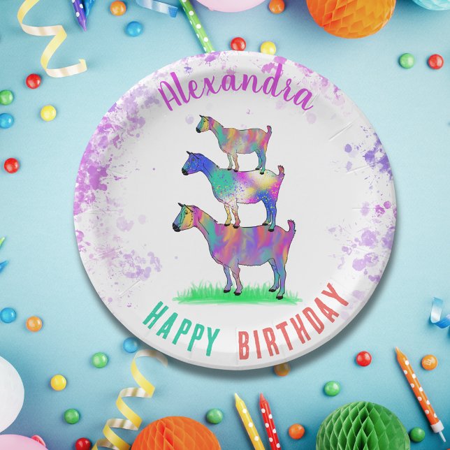Goats Personalised Birthday Party Paper Plate (Cute goat farm animal themed birthday party colorful watercolor animal art)