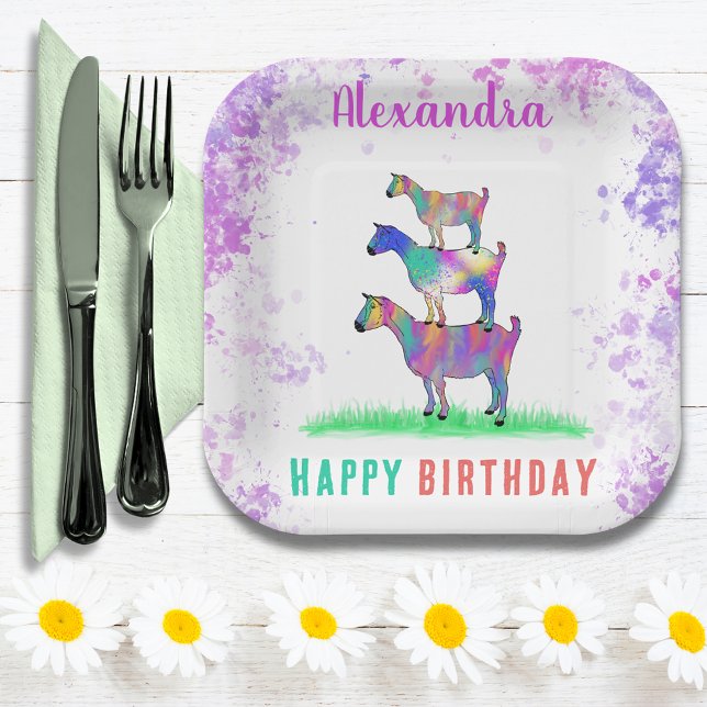 Goats Personalised Birthday Party Paper Plate (Cute goats colorful farm animal art happy birthday party custom paper plate)