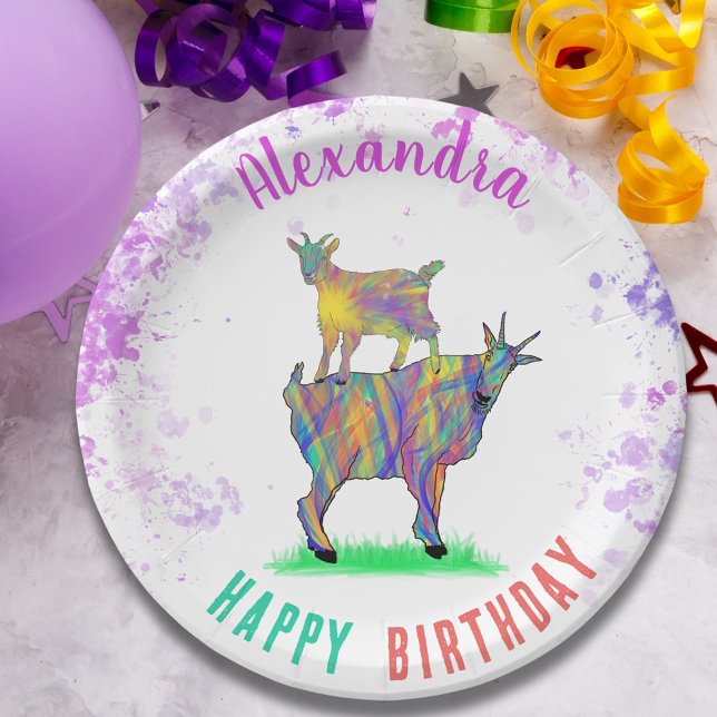 Goats Personalised Birthday Party Paper Plate (Cute goats colorful watercolor farm animal art personalized happy birthday party paper plate)