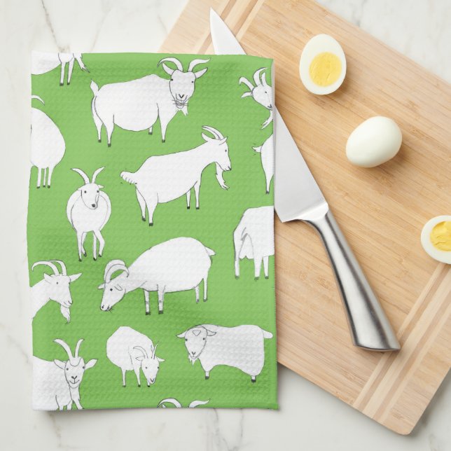 Goats playing - green tea towel (Quarter Fold)