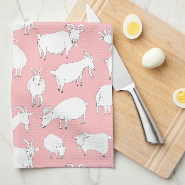Goats Playing – Pink Tea Towel (Quarter Fold)