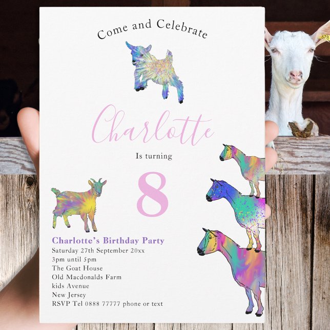 Goats Watercolor Birthday Party Pink Invitation (Cute goat 8th birthday party  invitation colorful watercolor farm animals )