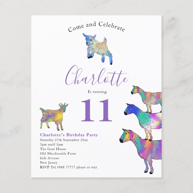 Goats Watercolor Birthday Party Purple Budget Flyer (Front)