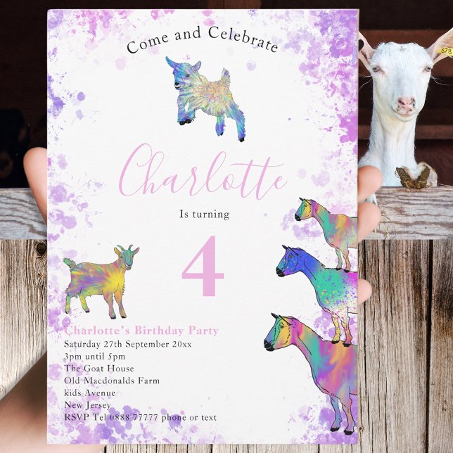 Goats Watercolor Girls Birthday Party Pink Invitation (Goat themed girls 4th birthday party invitation colorful farm animal watercolor pink purple blue )