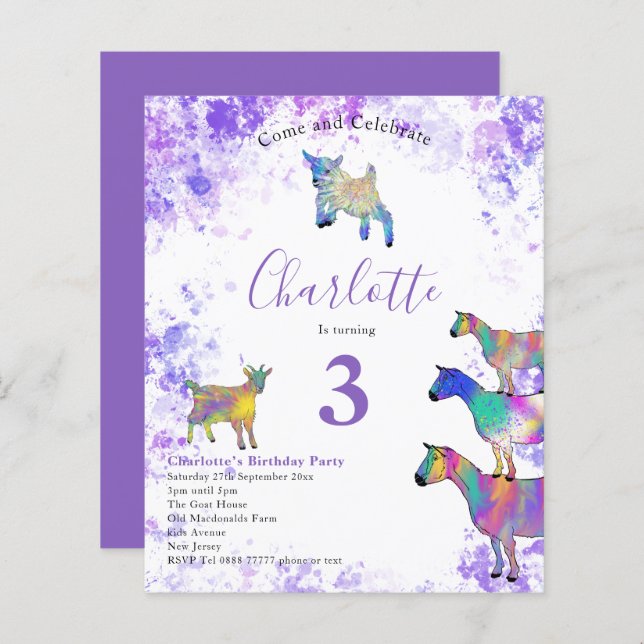 Goats Watercolor Modern Birthday Party Purple (Front/Back)