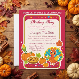 Gobble & Giggle Crimson Turkey Day Birthday Party  Invitation