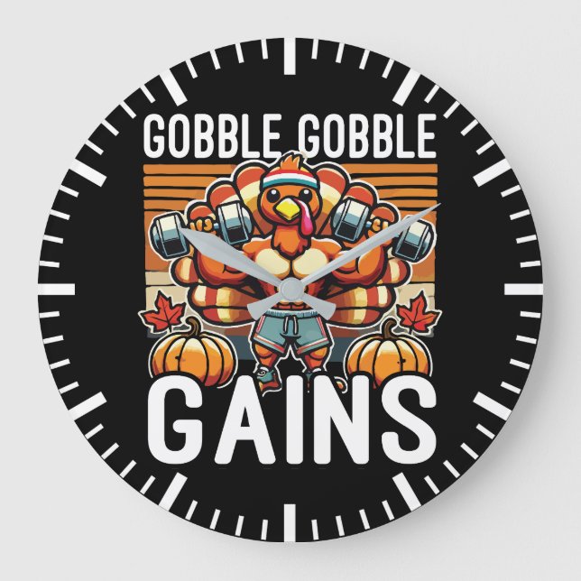 Gobble Gobble Gains - Funny Thanksgiving Gym Large Clock (Front)