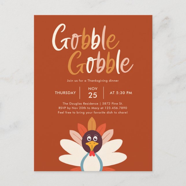 Gobble Gobble Thanksgiving Dinner Party Invitation Postcard (Front)
