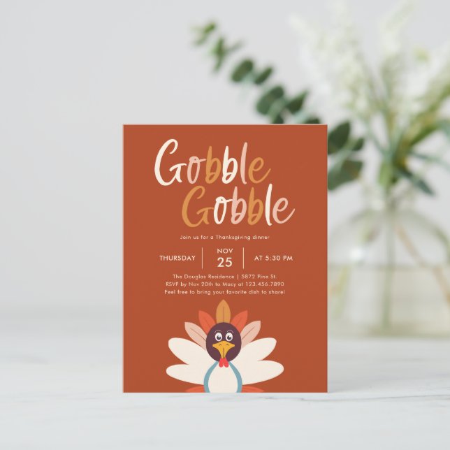 Gobble Gobble Thanksgiving Party Invite Postcard (Standing Front)