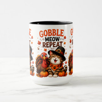 Gobble Meow Repeat Cute Thanksgiving Cat and Turke Mug