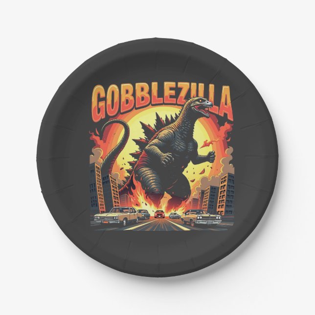 Gobblezilla Spooky Turkey Thanksgiving Gobble Paper Plate (Front)