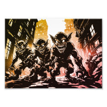 Goblin Demons Ruined City Retro 50s Graphic Style