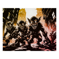 Goblin Demons Ruined City Retro 50s Graphic Style