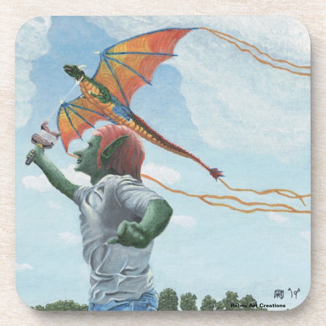 Goblin Flying Dragon Kite Fantasy Beverage Coaster (Front)