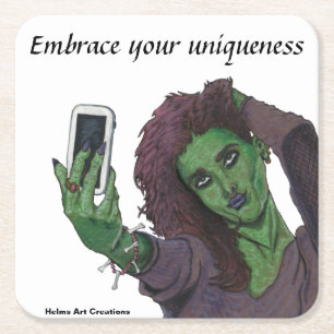 Goblin Girl Cell Phone Selfie Unique Coaster Set