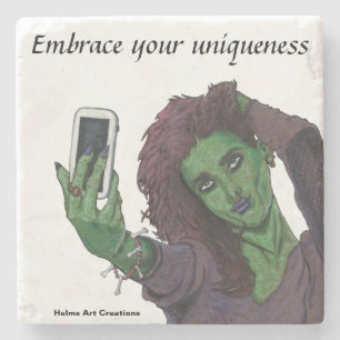 Goblin Girl Cell Phone Selfie Unique Stone Coaster