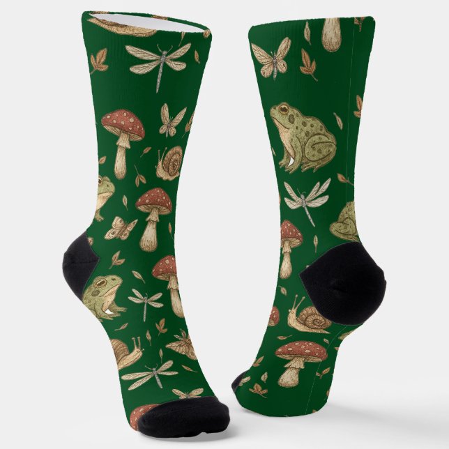 Goblincore Mushroom Frog Snail Dragonfly Pattern Socks (Angled)