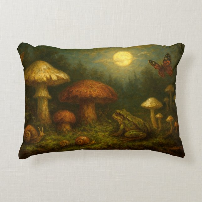 Goblincore Mushrooms, Snails & Frog In Moonlight Decorative Cushion (Front)